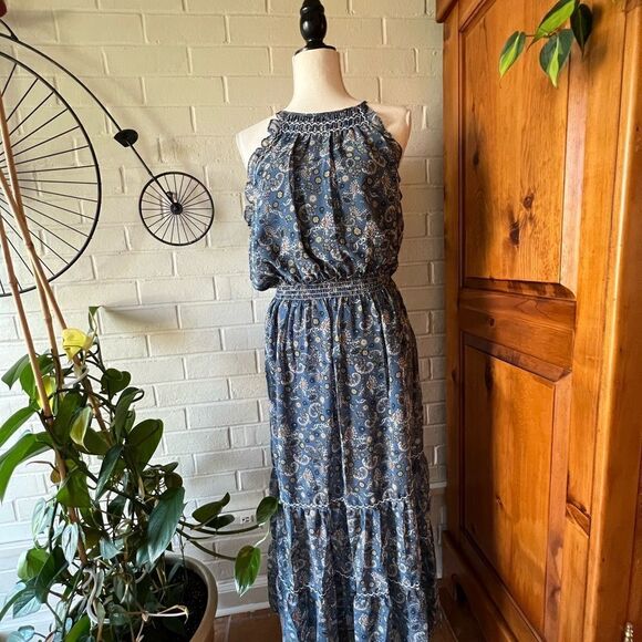 Max Studio maxi dress floral shirred waist ruffle flutter sleeves size L - Picture 3 of 12